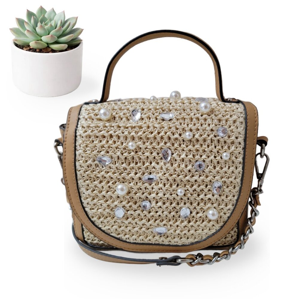 Steve Madden Woven Pearl Embellished Crossbody Top Handle Bag
